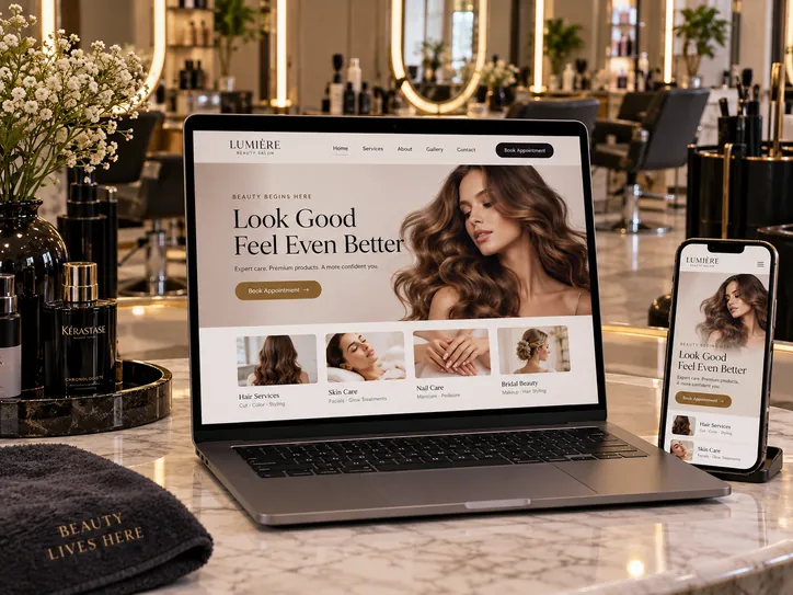 Illustrative beauty salon website mockup on a laptop and phone with a hero image and service cards