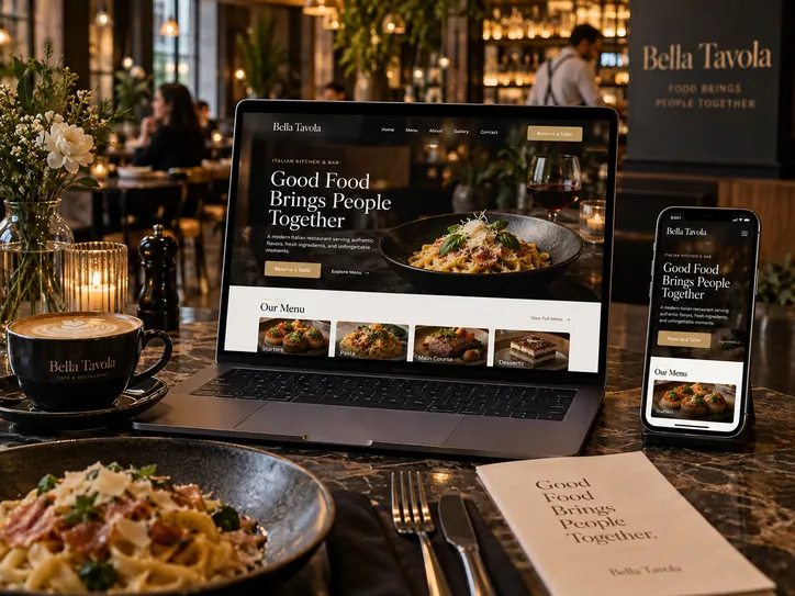 Illustrative restaurant website mockup on a laptop and phone showing a menu page