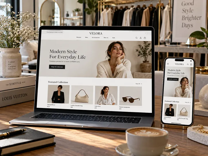 Illustrative fashion e-commerce website mockup on a laptop and phone showing featured collections