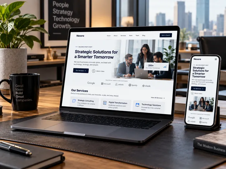 Illustrative corporate business website mockup on a laptop and phone with a services section