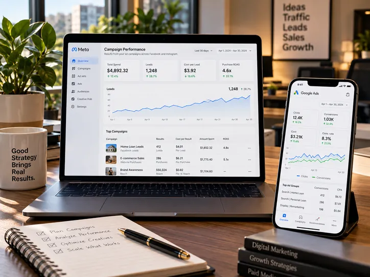 Illustrative paid advertising dashboard mockup with demo campaign charts on a laptop and phone