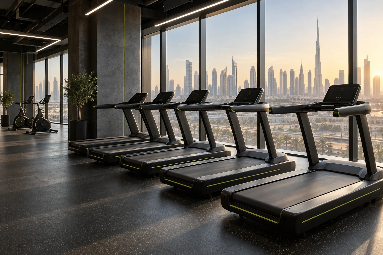 Cardio equipment overlooking city skyline