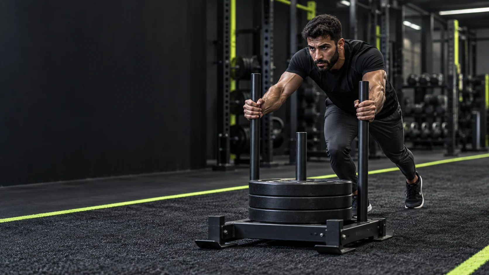 Athlete pushing a weighted sled