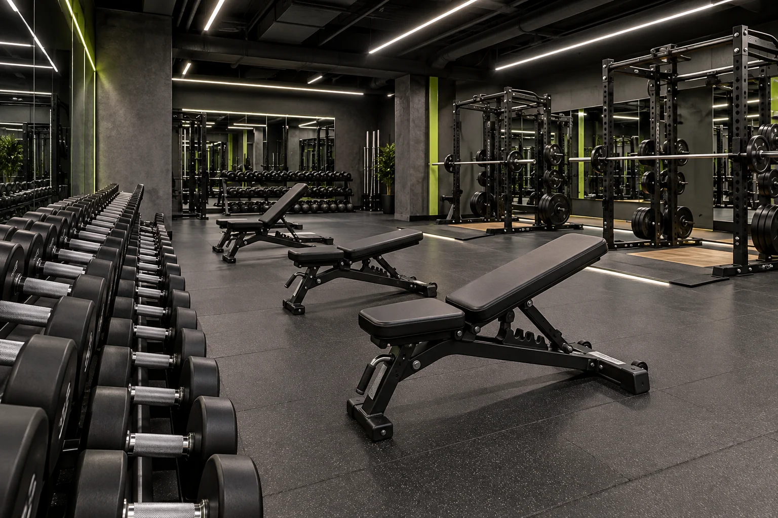 Weights zone with racks and benches